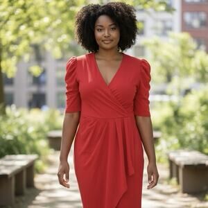 QUIZ Womens Plus Size Wrap Pleated Ruched Sleeve Red Midi Dress Size US 18 Party